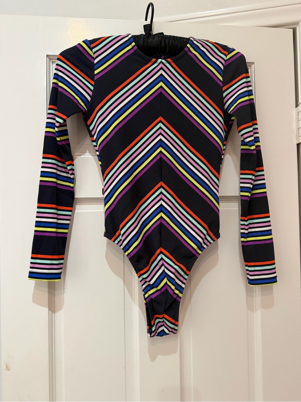 Women Long-Sleeve One-Piece Black Multicolor Stripes